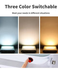 Two Pack 100W LED Flood Light Outdoor With 3CCT Selectable 3000K 4000K 6500K color temperature options displayed