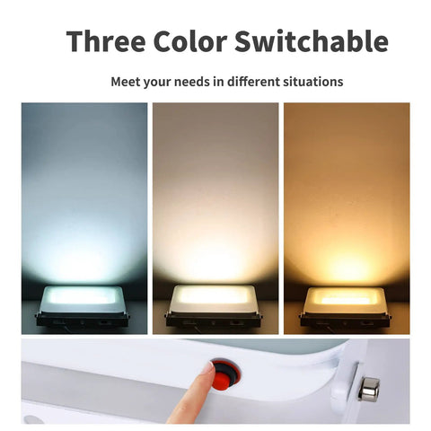 Two Pack 100W LED Flood Light Outdoor With 3CCT Selectable 3000K 4000K 6500K color temperature options displayed