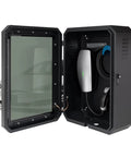 Drop Dead Sturdy EV Charger Cover With Weatherproof Lock Enclosure For Tesla Chargepoint And Grizzl E Plugs showing locked black cabinet with charger.