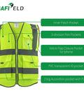 6 Pack High Visibility Reflective Work Vests for Men and Women, 8 Pockets with Zipper, green vest detailing pockets