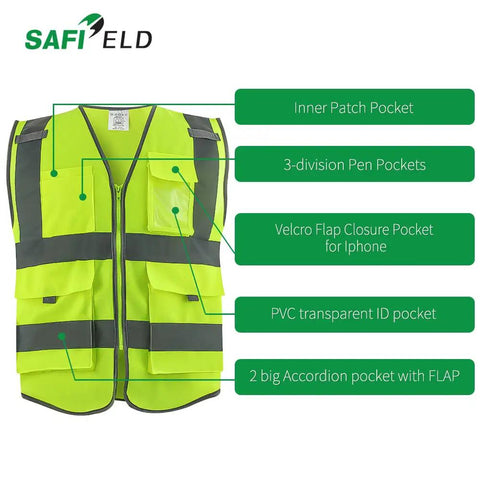 6 Pack High Visibility Reflective Work Vests for Men and Women, 8 Pockets with Zipper, green vest detailing pockets