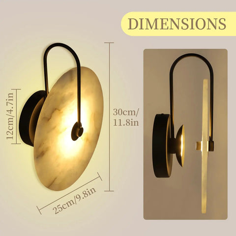 Nordic Style Stone Wall Lamp With Alabaster Finish, metal base indoor sconce dimensions 25cm x 30cm on display
