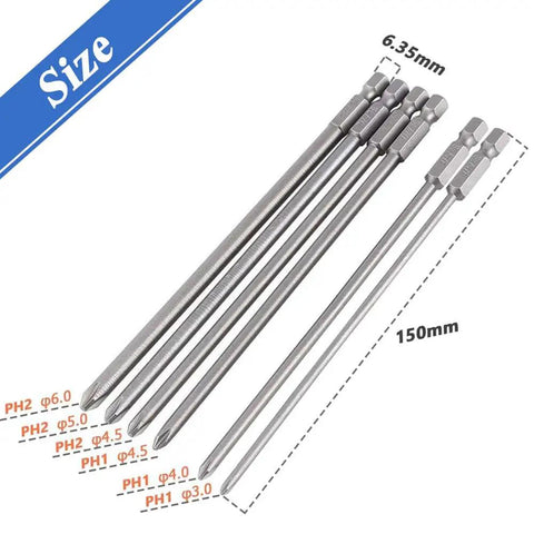 Six Piece One Quarter Inch Hex Shank Phillips Screwdriver Bits Set With Magnetic Cross Heads, Long 5.9 Inch Bits Sizes 3mm PH1 4mm PH1 4.5mm PH1 4.5mm PH2 5mm PH2 6mm PH2 S2 Alloy Steel Pro Grade Construction