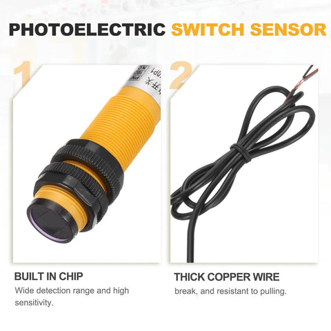 Close-up of Workhorse M18 Diffuse Reflection Photoelectric Sensor with 10 CM detection range, PNP NO output, showing wiring.