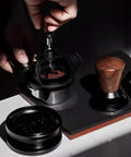Heavy Duty Stainless Steel Espresso Distribution Tool 58Mm With Nine Precision Needles And Adjustable Stand in use.