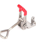 Heavy Duty Toggle Clamp Latch Adjustable Stainless Steel Draw Catch With 450 Pound Capacity shown from the side with red handle