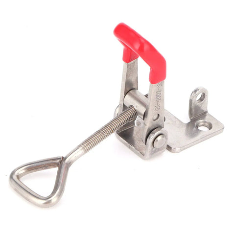 Heavy Duty Toggle Clamp Latch Adjustable Stainless Steel Draw Catch With 450 Pound Capacity shown from the side with red handle