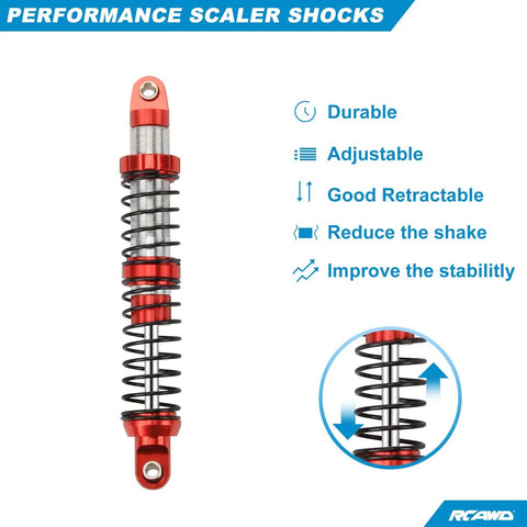 100mm Universal Aluminum RC Shock Absorber Damper Set for 1/10 RC Cars, black spring with red ends, performance features listed