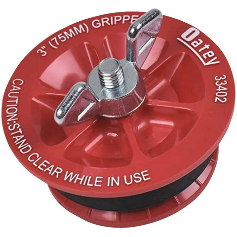 Red ABS reinforced End Of Pipe Gripper Plugs For 3 Inch Pipes, Mechanical Seal At Pipe End To Hold Test Pressure, metal wing nut on top.