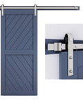 Brushed Nickel Sliding Barn Door Hardware Track Kit Heavy Duty Rollers 36-40 installed on blue barn door