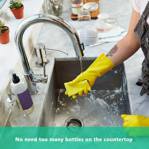 Brushed Nickel Built In Kitchen Soap Dispenser With 47 Inch Extension Tube Kit in use at countertop sink, no bottles visible.