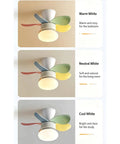 YPDJVLTI Children's Ceiling Fans Lights Ceiling Lamp with colorful blades in warm, neutral, and cool white settings.