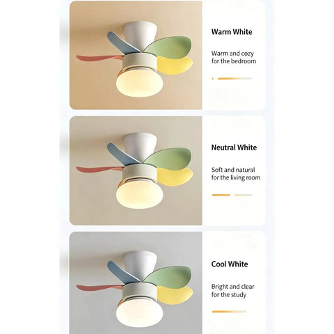YPDJVLTI Children's Ceiling Fans Lights Ceiling Lamp with colorful blades in warm, neutral, and cool white settings.