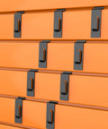 20 Pack Slatwall Notch Hooks Heavy Duty Pro Grade Metal Display Hangers for Slat Wall Panels Black Finish Installed on Orange Panels