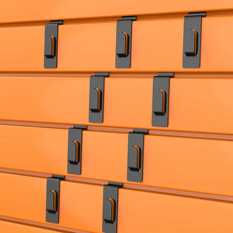 20 Pack Slatwall Notch Hooks Heavy Duty Pro Grade Metal Display Hangers for Slat Wall Panels Black Finish Installed on Orange Panels