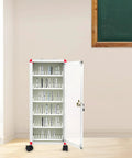Heavy Duty 72 Slot Cell Phone Locker With Slick Rolling Casters For Classroom And Office Organization featuring open cabinet and view of lockers.