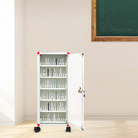 Heavy Duty 72 Slot Cell Phone Locker With Slick Rolling Casters For Classroom And Office Organization featuring open cabinet and view of lockers.