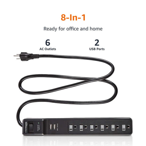 Surge Protector Power Strip With 6 Outlets And 2 USB Ports, 1000 Joule Protection, 6 Foot Cord, Black, Plug And Play Ready All In One Outlet Hub For Home Office And Everyday Electronics