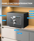 Front view of Tiny Home Safe With Electronic Keypad Lock For Cash Jewelry Passport Hidden Safe For Closet Dorm Room Black Portable Safe For Everyday Valuables with LED indicators and Type-C charging port.