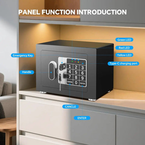 Front view of Tiny Home Safe With Electronic Keypad Lock For Cash Jewelry Passport Hidden Safe For Closet Dorm Room Black Portable Safe For Everyday Valuables with LED indicators and Type-C charging port.