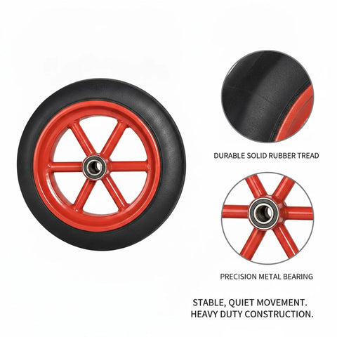 Heavy Duty Solid Rubber Plate Caster Wheel 11.02 Inch Diameter, Rock-Solid, red and black wheel with metal bearing detail shown