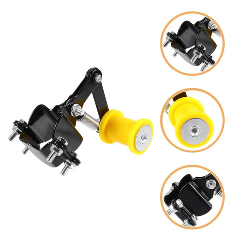 Dope Metal And Plastic Chain Tensioner Kit That Slaps Riders Hard With Roller Guide For Smooth Riding And Ultimate Safety On Any Ride., black metal and yellow plastic chain tensioner with roller guide