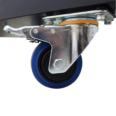 Pro Grade Heavy Duty Industrial Spot Cooler And Portable Commercial Air Conditioner Packing Badass 22500 Btu Hour Cooling caster wheel close-up featuring durable blue material.