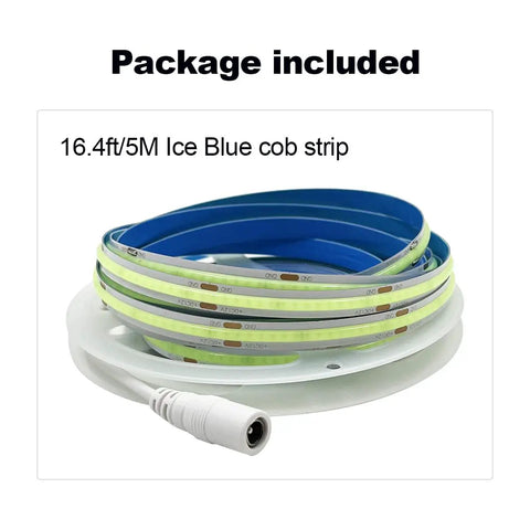 Ice Blue COB LED Strip Lights 12V 5M 320 LEDs Per Meter Ultra Bright Flexible Tape for Indoor Use in Package