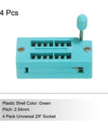 Universal ZIF IC Test Socket 14 Pin 2.54mm Pitch Rock Solid For Microcontrollers Chips And Breadboards Locking IC Socket For Programming Adaptable For PCBs 4 Pack shown with green plastic shell