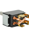 Grasshopper mower toggle switch 2P DT 2-Position, close-up view with copper terminals and black plastic housing