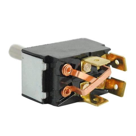 Grasshopper mower toggle switch 2P DT 2-Position, close-up view with copper terminals and black plastic housing