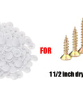 200 Pieces White Plastic Self Tapping Screw Cap Covers 7mm Diameter For Cabinets And Furniture Fittings shown beside screws