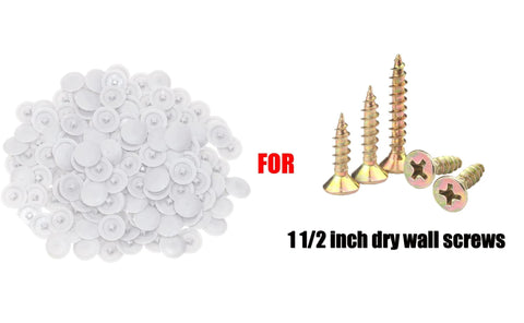 200 Pieces White Plastic Self Tapping Screw Cap Covers 7mm Diameter For Cabinets And Furniture Fittings shown beside screws