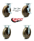 Hella Durable High Temp Phenolic Caster Set Featuring Eight Inch Swivel Plates two brake wheels and two fixed rigids, four heavy duty wheels with side locks.