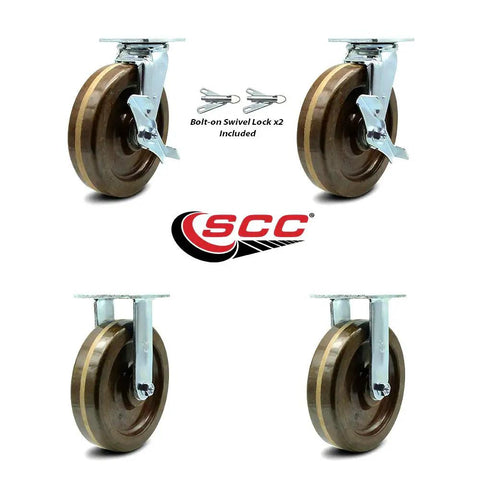 Hella Durable High Temp Phenolic Caster Set Featuring Eight Inch Swivel Plates two brake wheels and two fixed rigids, four heavy duty wheels with side locks.