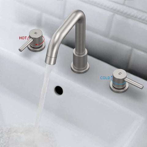 8 Inch Widespread Bathroom Faucet with 3 Hole Mount Two Handles Pop Up Drain CUPC Lead Free Supply Hose Ceramic Valve Core for Smooth Leak Free Water Control in Brushed Nickel Finish installed