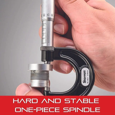 Screw Thread Micrometer With One Piece Spindle Satin Chrome Finish And Advanced Sleeve Design in use, Model 575BP, close-up