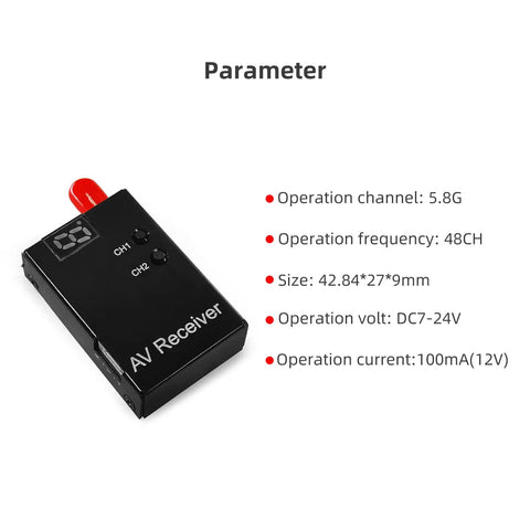 5.8GHz 48 Channel FPV Wireless Image Transmission Receiver with red antenna, black casing, and operational parameters listed