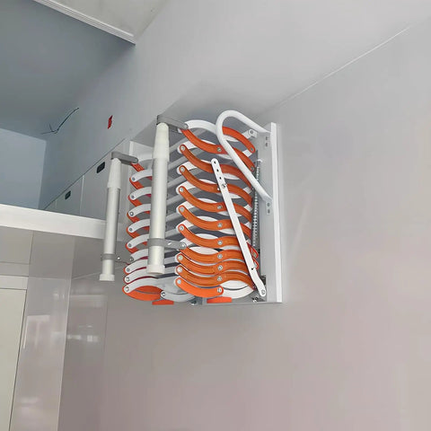 Electric Telescopic Attic Ladder With Hella Sturdy Forged Aluminum Frame Wall Mounted Retractable Folding Stairs Zero Clutter Design Orange fully retracted.