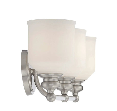 Side view of Melrose 3-Light Vanity Light With Vintage White Opal Etched Glass in satin nickel finish, mid-century modern style