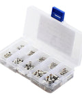 Open box showing 200 pcs stainless steel hex socket set screws flat point assortment kit M3 M4 M5 M6 M8 DIN 913 with precise inner hex.