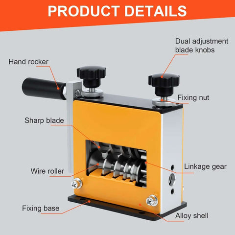 Pro Grade Cable Stripper Tool for 3 to 17mm wires with 6 channel, 5 blades, drill powered or hand crank, steel and plastic, side view.