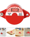 8 Pack Valve Handle Lockout Devices For Gate Valves In Red ABS, Quick Lock Unlock Function, shown on table surfaces.