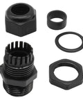 Thirty Pack One Half Inch NPT Cable Glands In Black For Safer Wiring Strain Relief And Quick Plug And Play Install Durable Weather Resistant And Easy To Use In Electrical Boxes. Black nylon 1/2 inch cable gland parts shown.