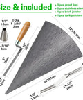 Heavy Duty Grout And Mortar Bags With Slick Stainless Steel Tips Grey 3 Pack All In One Masonry Tool Kit For Tile And Brick Jobs with included tools and sizes.