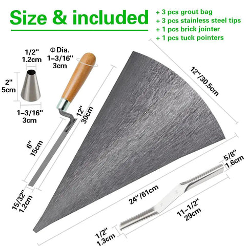 Heavy Duty Grout And Mortar Bags With Slick Stainless Steel Tips Grey 3 Pack All In One Masonry Tool Kit For Tile And Brick Jobs with included tools and sizes.