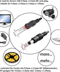 Diagram showing 5.5mm x 2.1mm DC jack plug compatibility with solar string lights and other devices.