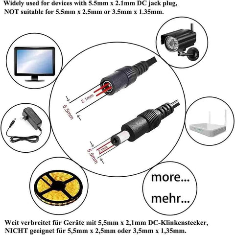 Diagram showing 5.5mm x 2.1mm DC jack plug compatibility with solar string lights and other devices.