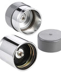 Trailer wheel bearing protector set, 1.98-inch stainless steel housing with chrome finish and gray dust cap, 1 pair