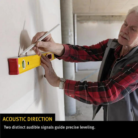 Person using Heavy Duty Digital Spirit Level 9 Inch Torpedo Gauge With Dual Illuminated Lcd Displays IP67 Waterproof on drywall.